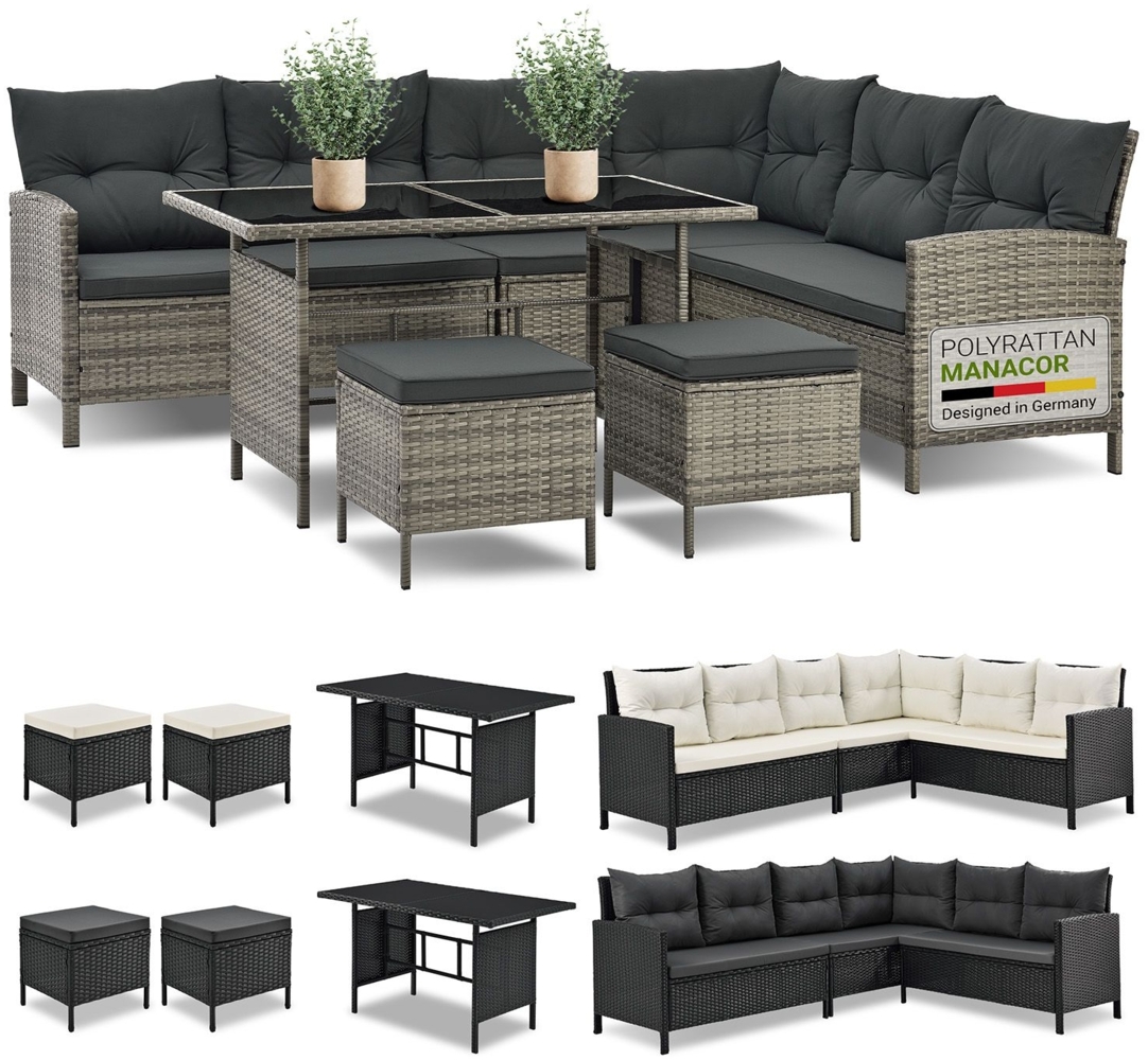 Juskys Polyrattan Lounge Manacor grau-meliert – Gartenlounge mit Sofa, Tisch, 2 Hocker & Kissen – Gartenmöbel Set bis 7 Personen – Sitzbezüge in Grau Bild 1