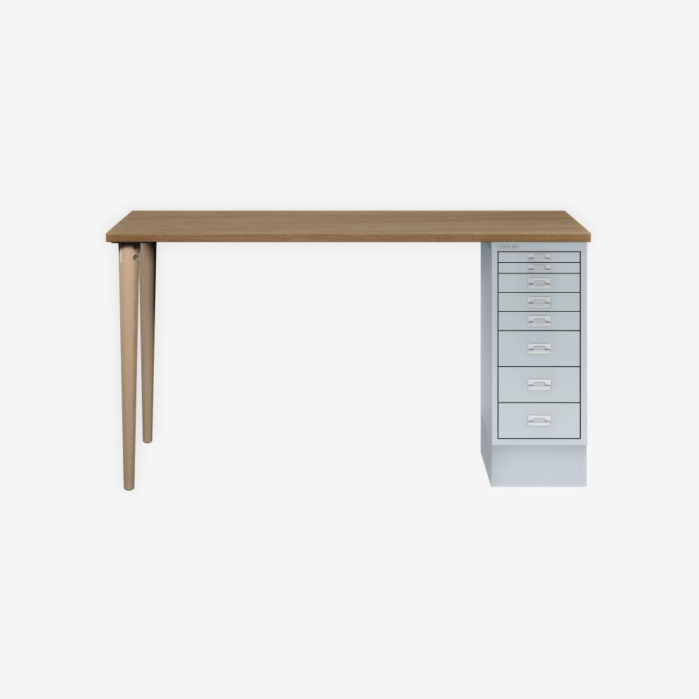 MultiDesk, 2 Eichenfüße, 1 MultiDrawer mit 8 Schüben, Dekor natürliche Eiche, Farbe Lichtgrau, Maße: H 740 x B 1400 x T 600 mm Bild 1