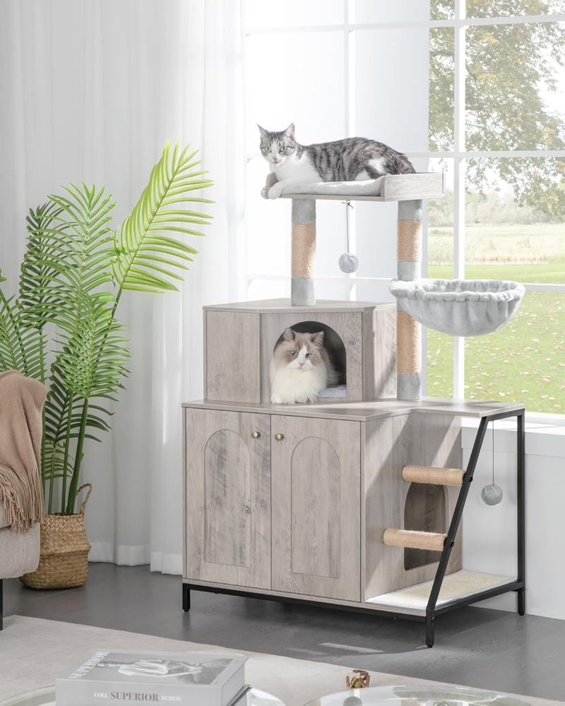 Kratzbaum mit Katzenklo-Schrank, Katzenschrank, 4-in-1 Modernes Katzenhaus mit Großer Plattform, Katzenhaus mit Sisal-Kratzmatte, Pfosten, Treppe und Pompom, Waschbare Kissen, Greige Bild 1