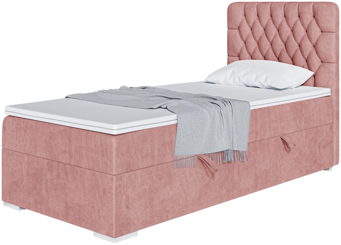 MEBLINI Boxspringbett DALIA 90x200 cm mit Bettkasten - H3/Rosa Samt Gepolstert Einzelbett mit Topper & Taschenfederkern-Matratze - 90x200 Links Bild 1