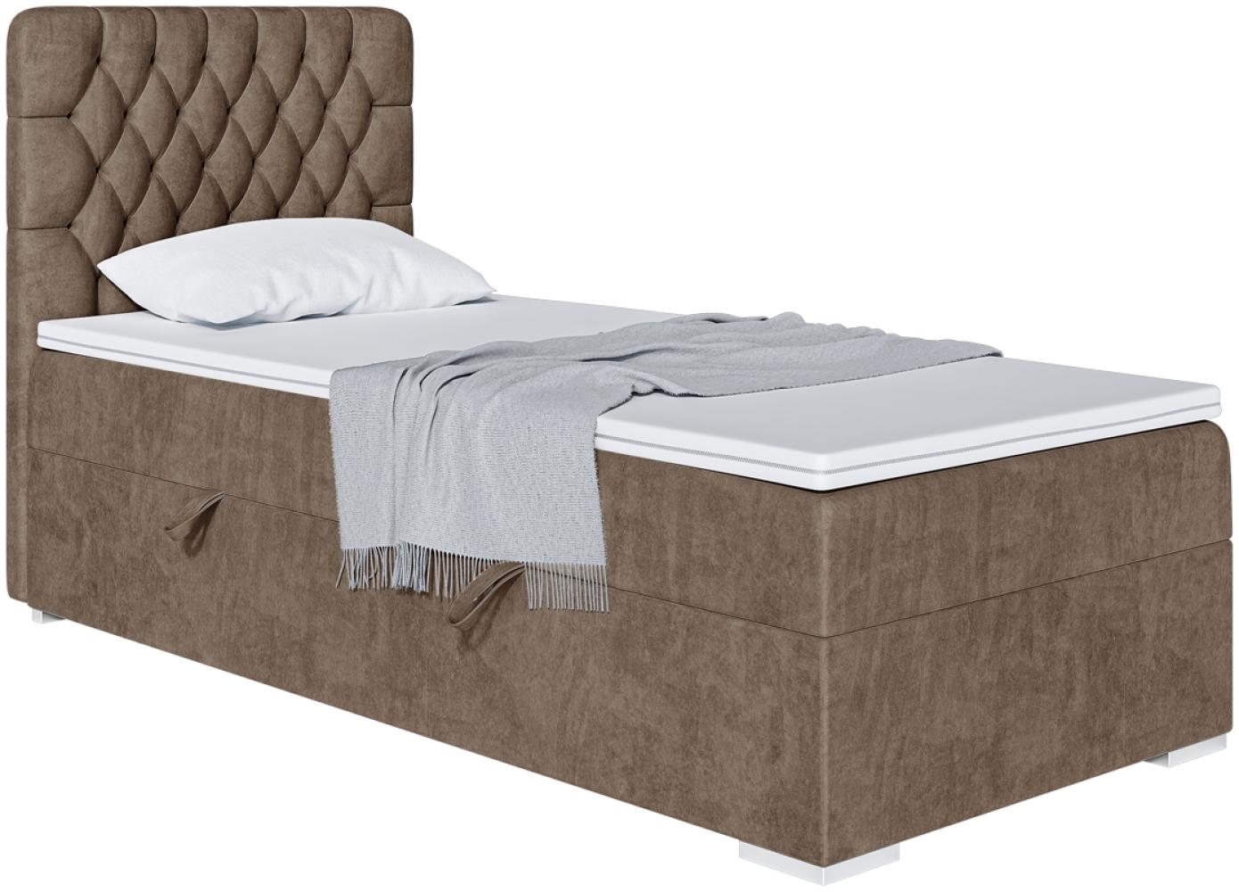 MEBLINI Boxspringbett DALIA 90x200 cm mit Bettkasten - H3/Braun Samt Gepolstert Einzelbett mit Topper & Taschenfederkern-Matratze - 90x200 Rechts Bild 1