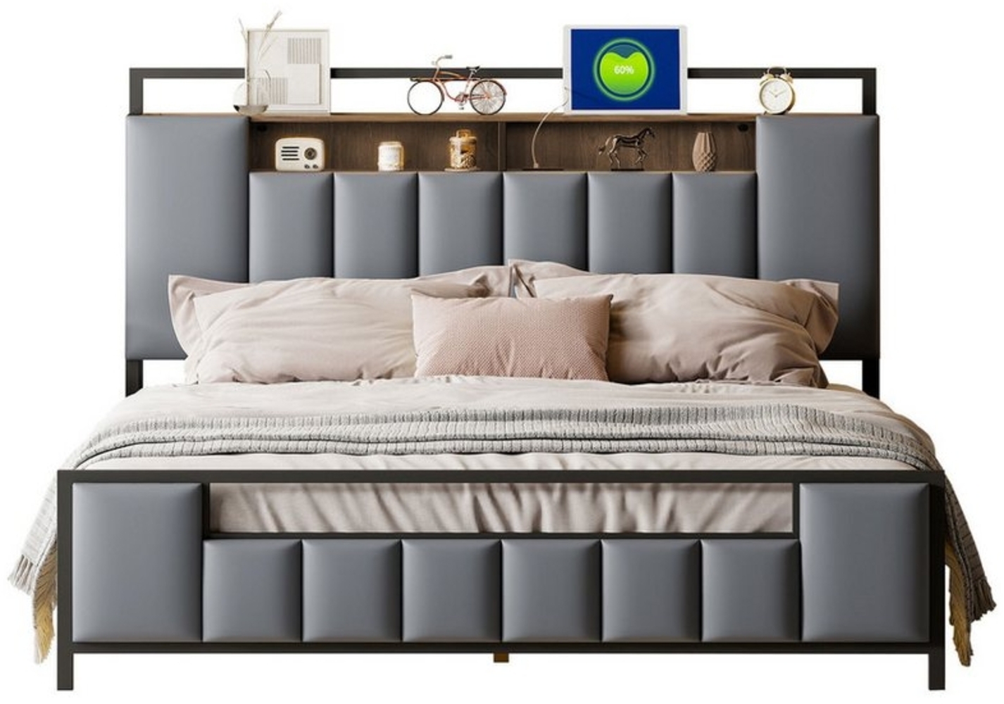 Flieks Metallbett, LED Polsterbett 160x200cm mit USB-Aufladen und Stauraumkopfteil Bild 1