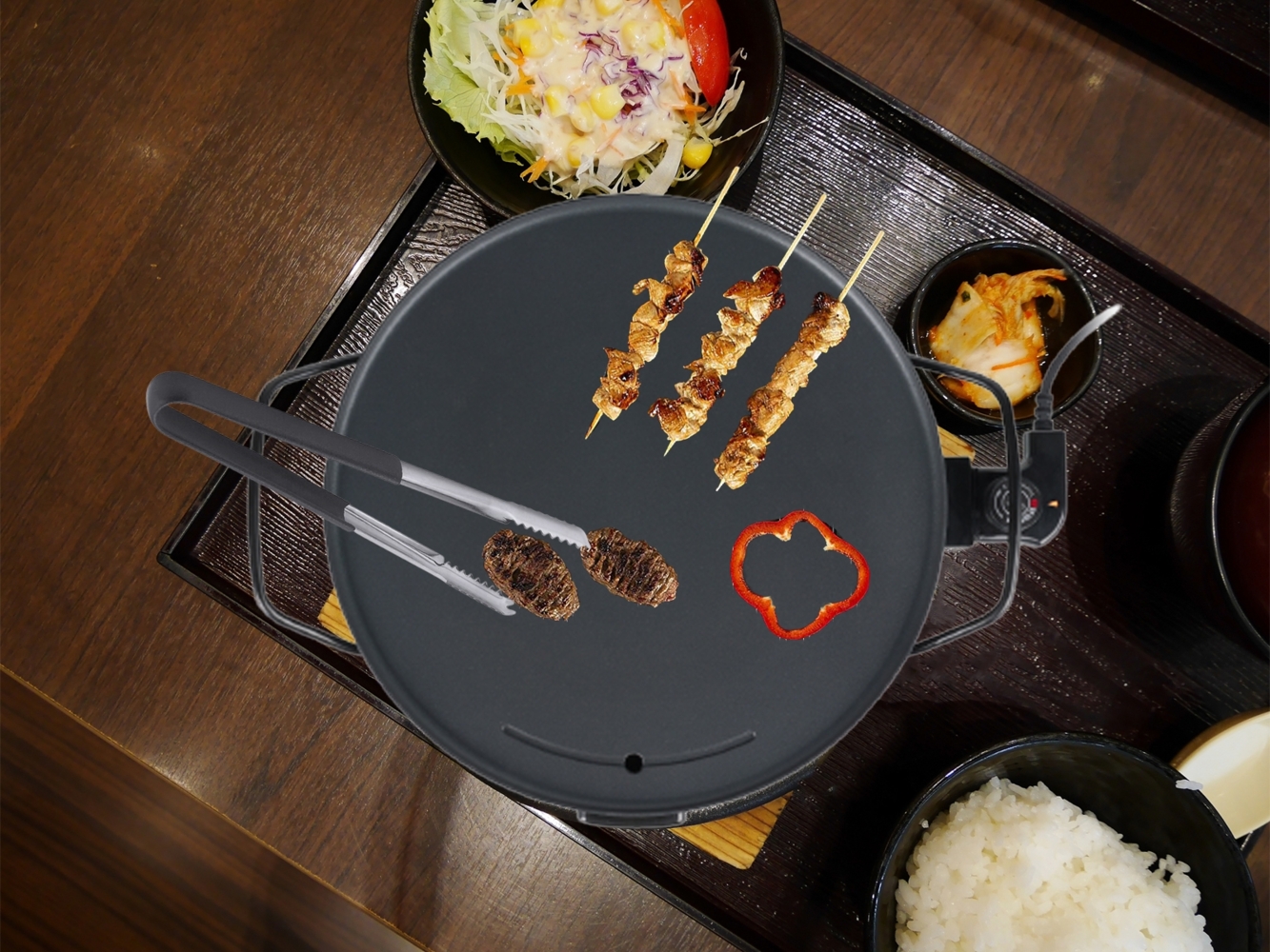 Elektro Tischgrill Ø40cm für 4 Personen, Teppanyaki mit Grillzange, 2000W Bild 1