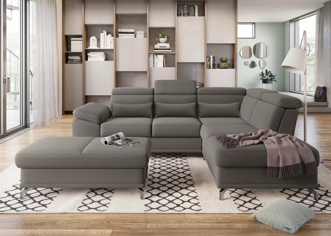 sit&more Ecksofa Cabrio L-Form, mit Sitztiefenverstellung, Arm- und Kopfteilverstellung, 3 Nierenkissen, Federkern, optional Bettfunktion und Stauraum Bild 1