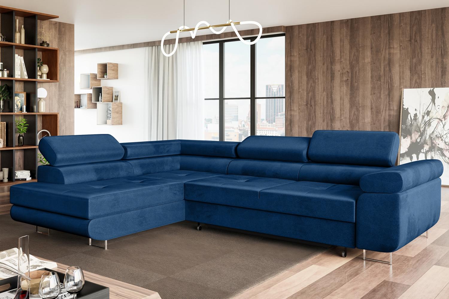 MEBLINI Schlafcouch mit Bettkasten - MALIBA - 277x203x63cm Links – Blau Samt - Ecksofa mit Schlaffunktion - Sofa mit Relaxfunktion und Kopfstützen - Couch L-Form - Eckcouch - Wohnlandschaft Bild 1