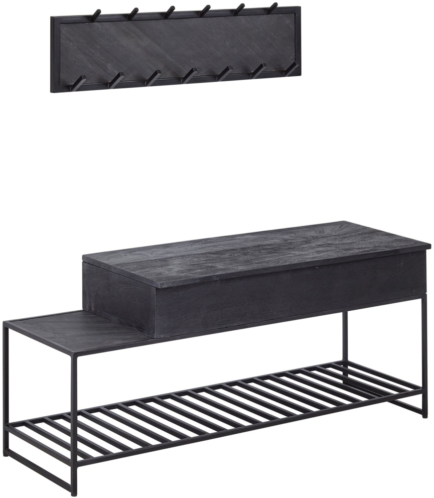 Sitzbank mit Wandgarderobe Schwarz Mango Massivholz Schuhbank 110 cm, Design Garderoben-Set Industrial Flur, Garderobenbank mit Stauraum und Schuhregal, Flurbank mit Sitzfläche Bild 1