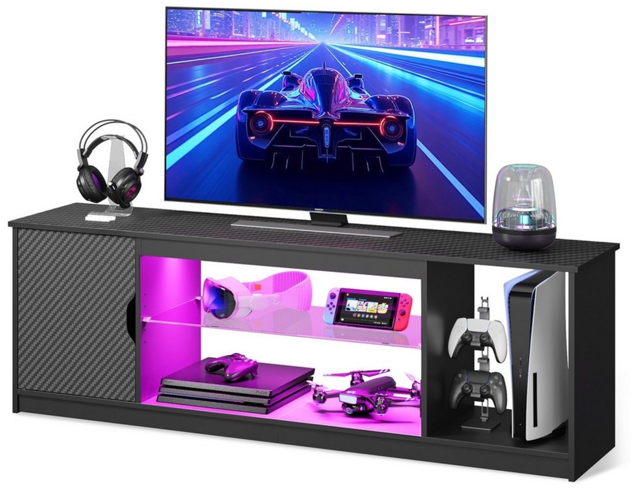 Bestier TV-Schrank Lowboard für 65 Zoll & kleinere TVs, 144.8 x 35 x 52 cm, (Fernsehschrank mit RGB-LED-Leuchten) Fernsehtisch mit verstellbaren Glasböden für Wohnzimmer, Schwarze Bild 1