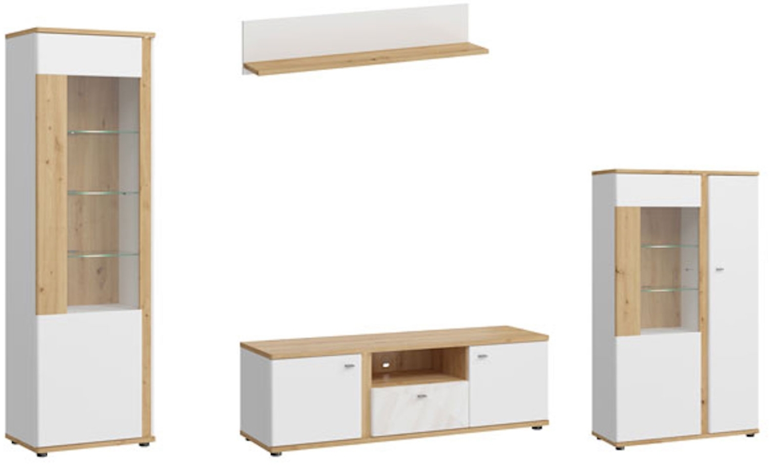 Wohnwand Anbauwand Avila 4-teilig Eiche Artisan Front MDF weiß Hochglanz Bild 1