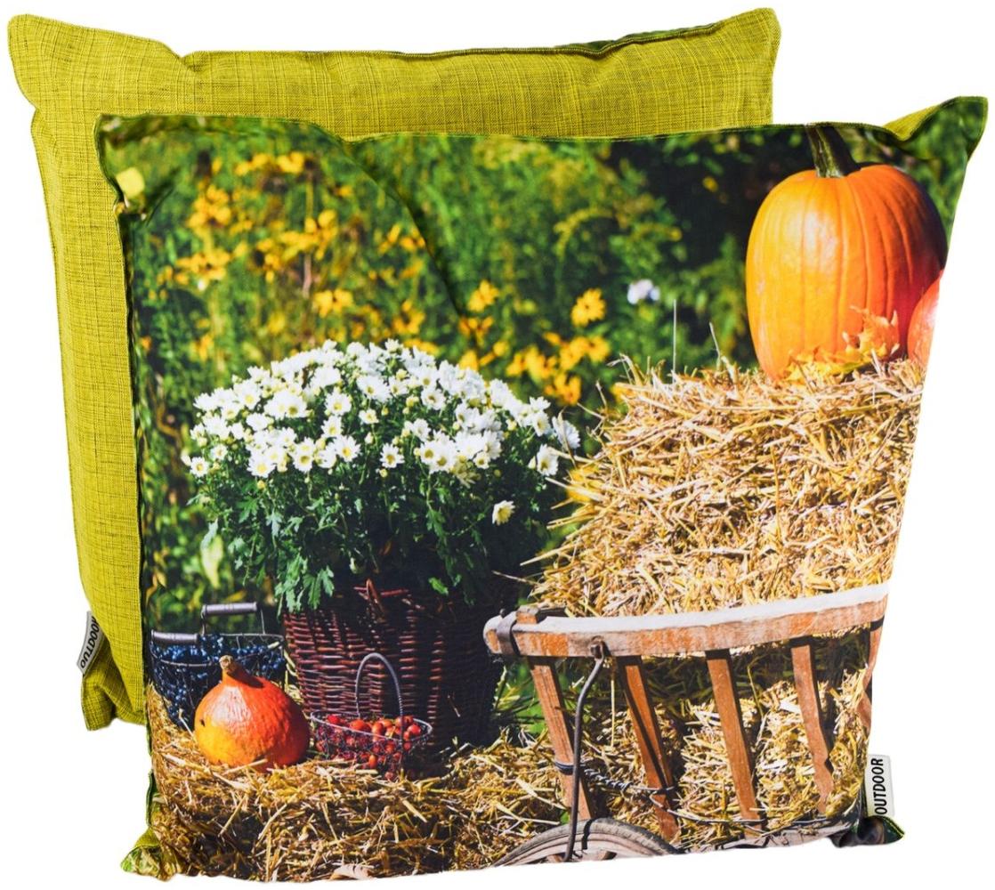 Outdoor Kissen Herbst 45x45x12cm wetterbeständig mit herbstlichen Motiven Stroh-Kürbisse Bild 1