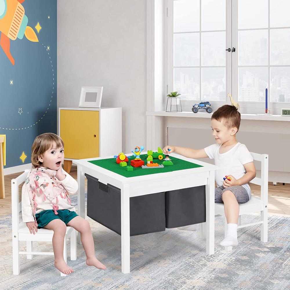 COSTWAY Kinder Spieltisch mit doppelseitiger Tischplatte, Bausteintisch mit Schubladen, 2 in 1 Schreibtisch und Zeichentisch aus Holz, Kinder Sitzgruppe zum Zeichnen, Lesen und Basteln Bild 1