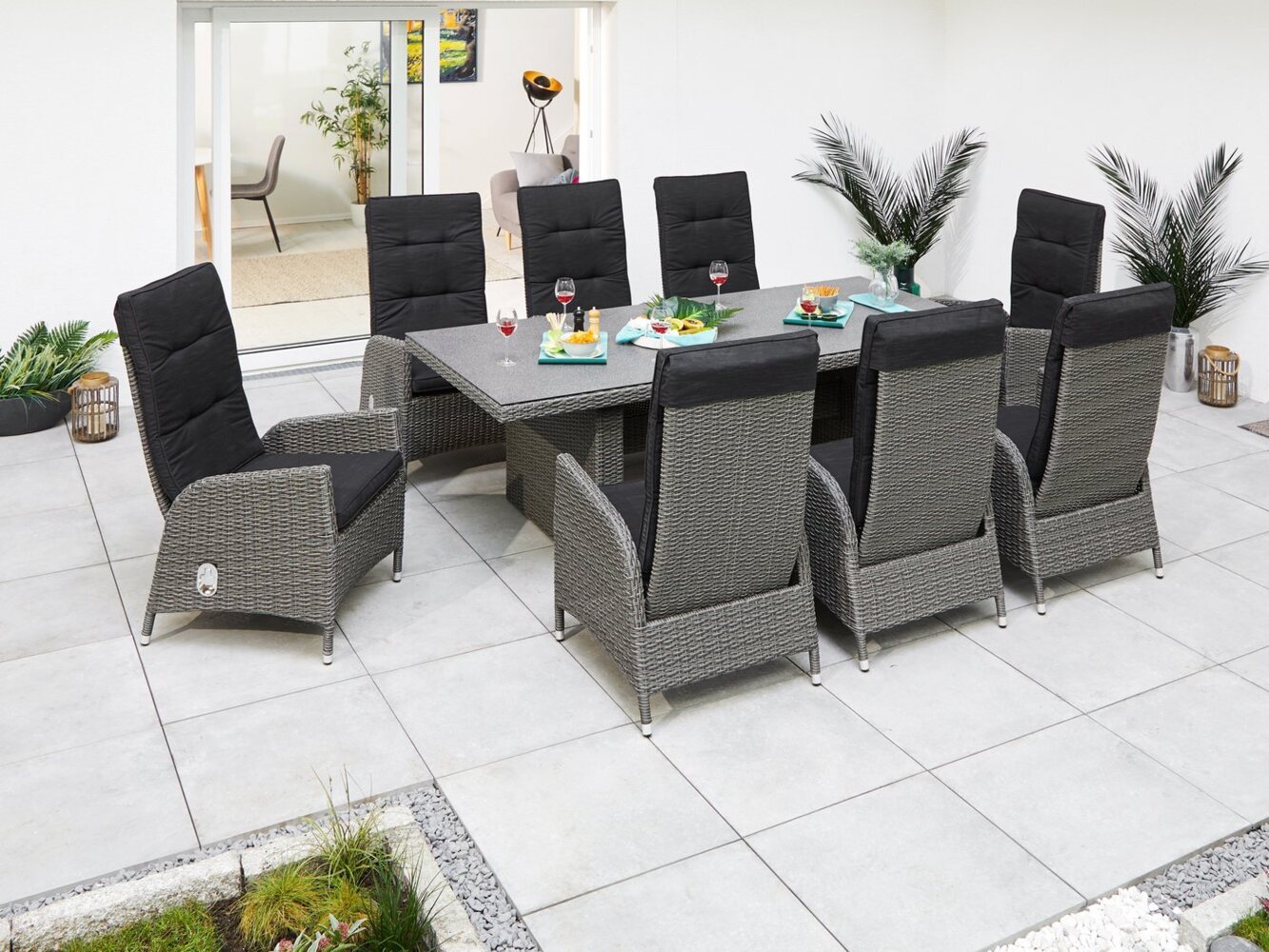 KONIFERA Garten-Essgruppe Brisbane, (Set, 17-tlg, inkl. Auflagen, 8x Sessel, 1x Tisch 225 x 100 x 75, Aluminium/Polyrattan), Rückenlehnen verstellbar, Tischplatte aus Stone-Spray-Glas Bild 1