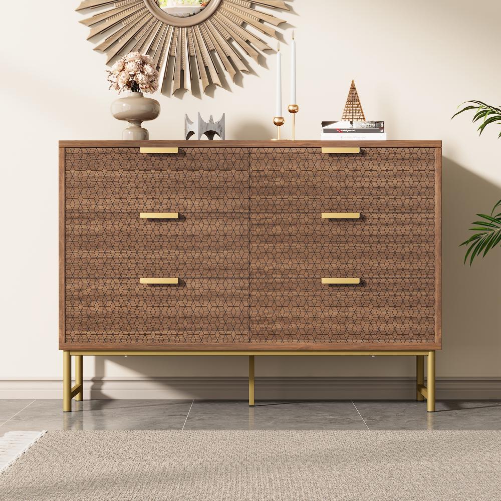 Merax Geprägte Struktur-Kommode, Sideboard mit Metallgriffen, Kommode mit 6 Schubladen, kippsicher, 120 x 40 x 75 cm, Nussbaum Bild 1