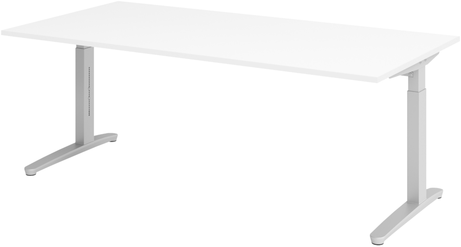 bümö manuell höhenverstellbarer Schreibtisch 200x100 in weiß, Gestell in silber - PC Tisch höhenverstellbar & groß, höhenverstellbarer Tisch Büro, großer Computertisch verstellbar, X2E-W-SS Bild 1