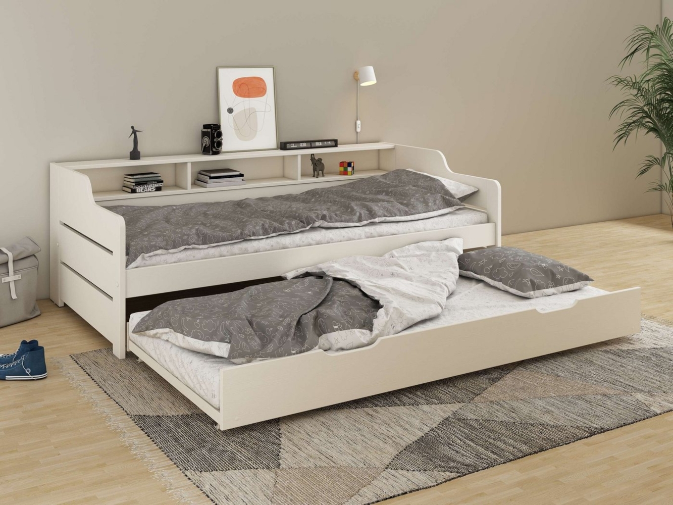Home affaire Daybett "REETE1", Stauraum, Funktionsbett, Kinderbett, inklusive Schubkasten, mit Regalen, FSC® zertifiziertes Massivholz (Kiefer), Landhausstil Bild 1