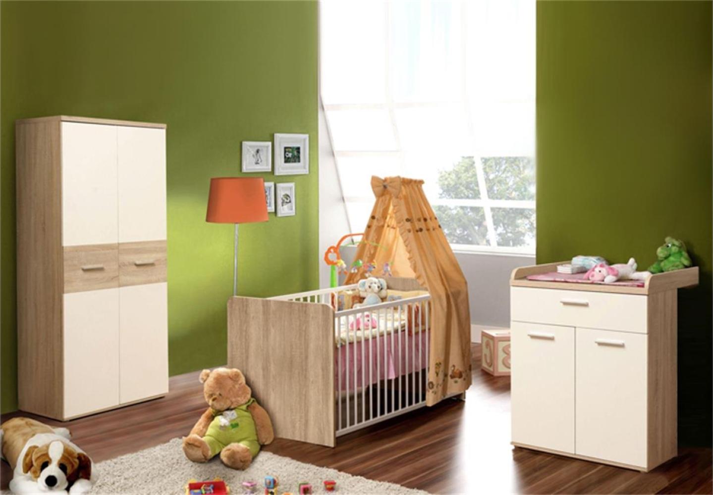 FORTE 'WINNIE' Möbel 4-tlg. Babyzimmer-Set sonoma eiche/weiß inkl. Bett, Kleiderschrank, Kommode Bild 1