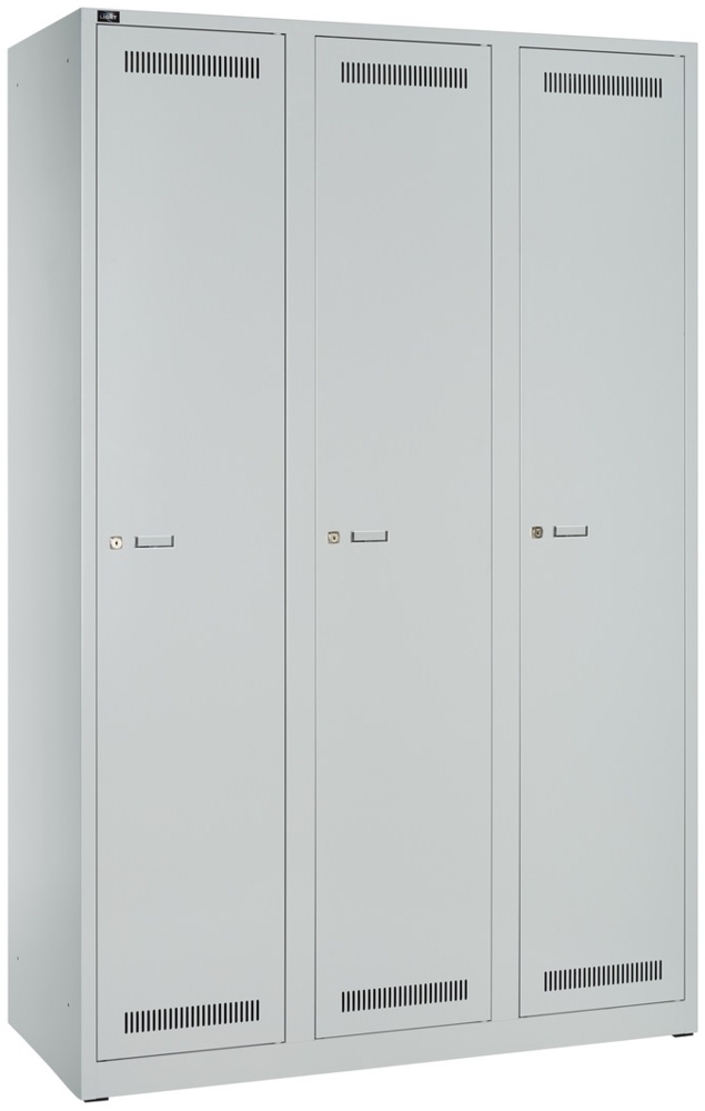 BISLEY Garderobenschrank Light abschließbar mit Belüftungslöchern, Hutboden, Handtuchhalter, Kleiderstange & 3 Haken - Spind mit Schloss in lichtgrau - 3 Abteile, Fachbreite: 400 mm, GL12T1245 Bild 1