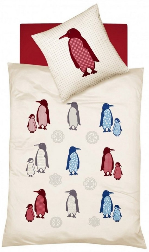 fleuresse Bettwäsche Fleuresse Feinbiber Bettwäsche 135x200cm 2 tlg. Pinguin Rot Blau Grau, Biber, 2 teilig, süße Piguine mit Schneeflocken, Baumwolle, mit Reißverschluss Bild 1
