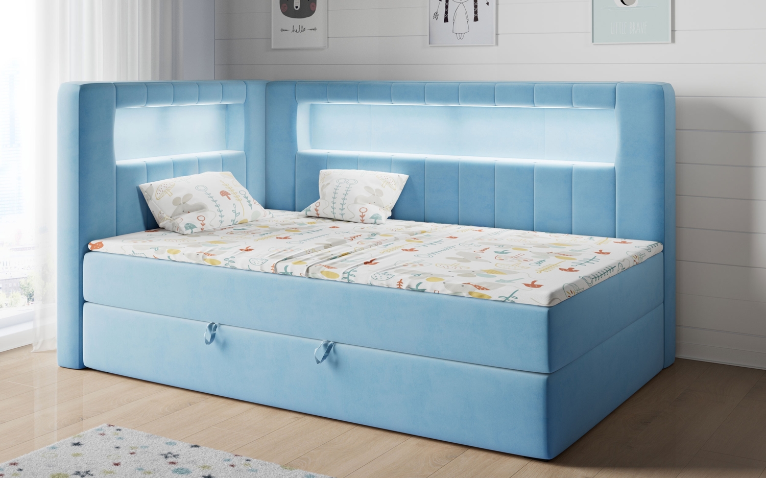 Boxspringbett mit LED, Einzelbett mit Bettkasten und Topper - JUNIOR GOLD 3 - 90x200 cm - Blau - Linke Seite Bild 1