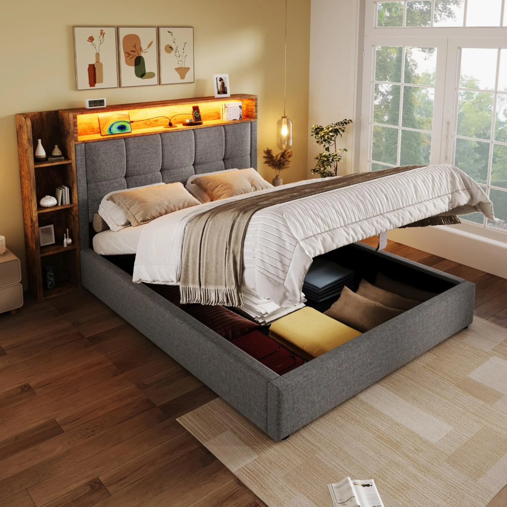 Polsterbett mit LED-Beleuchtung und Stauraum, 90x200 cm, Kopfteil gepolstert, Typ-C, USB, Einzelbett, Leinen Bild 1