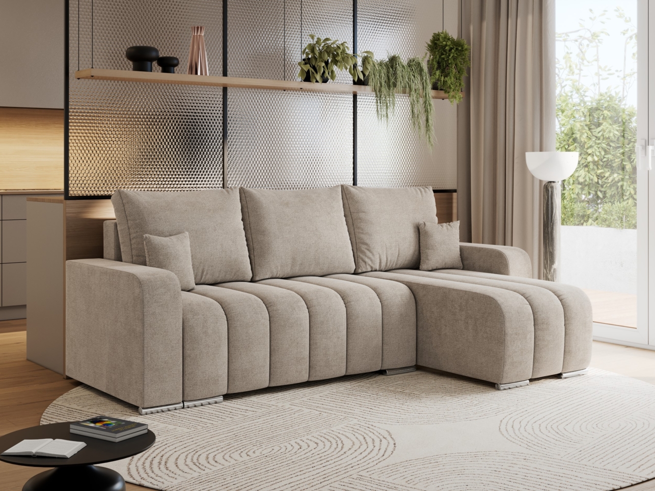 Universelles Ecksofa in Streifen genäht mit Schlaffunktion und Bettkasten, modern Stil - KIRASSO - Beige Stoff Bild 1