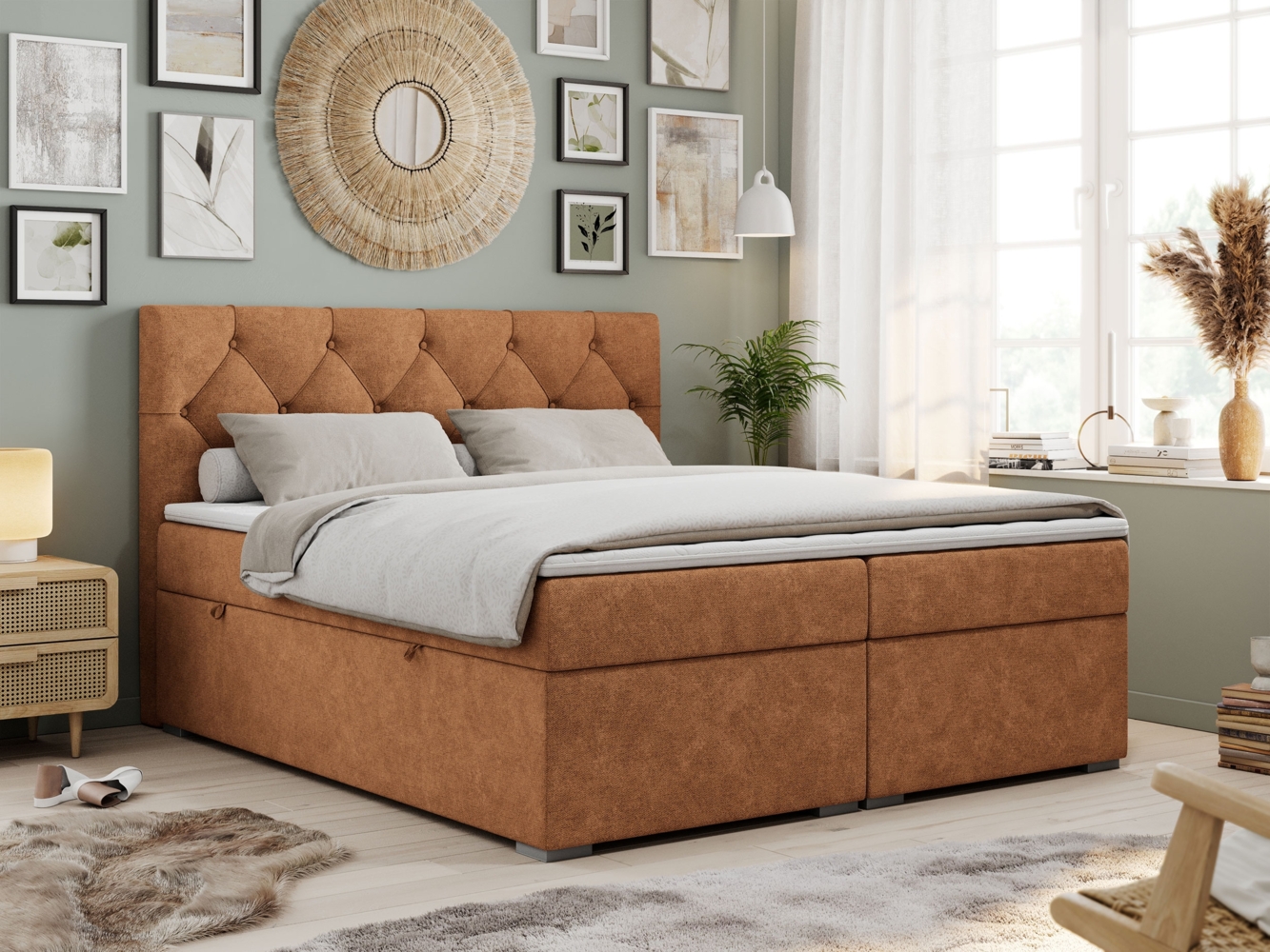 Boxspringbett, Bett, Polsterbett, zwei Bettkästen - ALDA - 160x200cm - Orange Stoff - H3 Bild 1