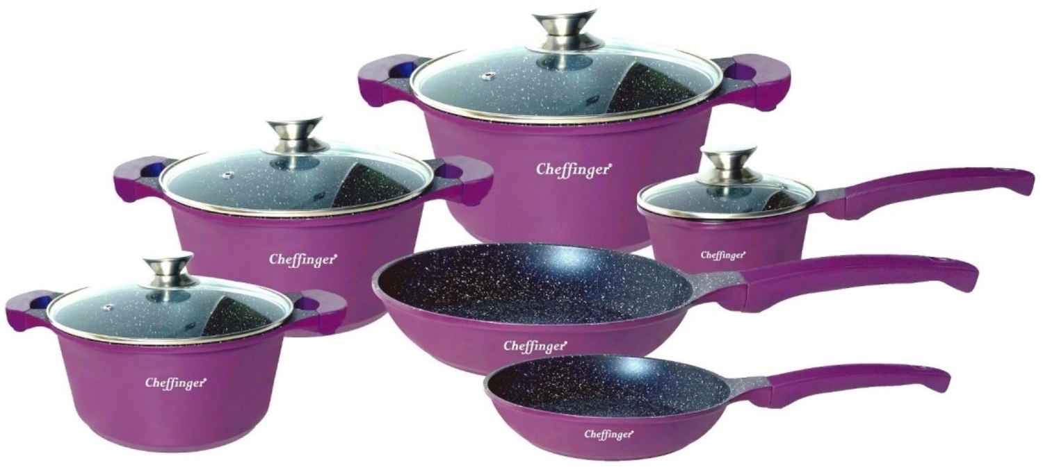 Kochtopf Kasserolle Bratpfannen Set 10-tlg purple + Deckel Cheffinger DA-1010PUR Bild 1