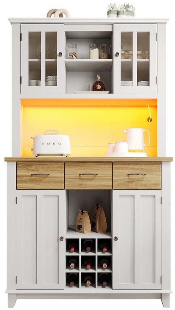 Flieks Küchenbuffet mit Schubladen, Glastüren und Weinregal (mit Arbeitsplatte und verstellbaren Ablagen, 1-St, 106x40x179,5 cm) Hochschrank mit LED Küchenschrank Bücherschrank Buffetschrank weiß Bild 1