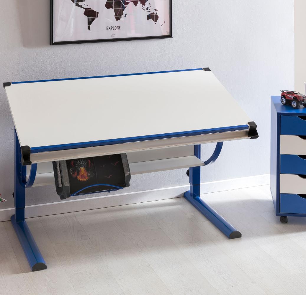 FINEBUY Kinderschreibtisch SuVa6801_1 (Kinderschreibtisch Holz 120x60 cm Blau / Weiß), Schülerschreibtisch Neigungsverstellbar Modern Bild 1