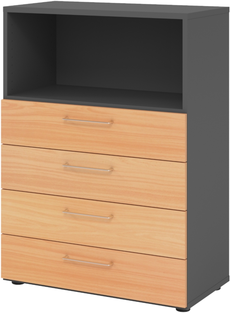 bümö smart Schubladenschrank, Büroschrank 80cm breit in Graphit/Buche mit 4 Schüben & 1 Regalfach - Bürocontainer aus Holz, Container mit Metallgriffen & Soft-Stop Schubladen, 938S4-G-6-BS Bild 1