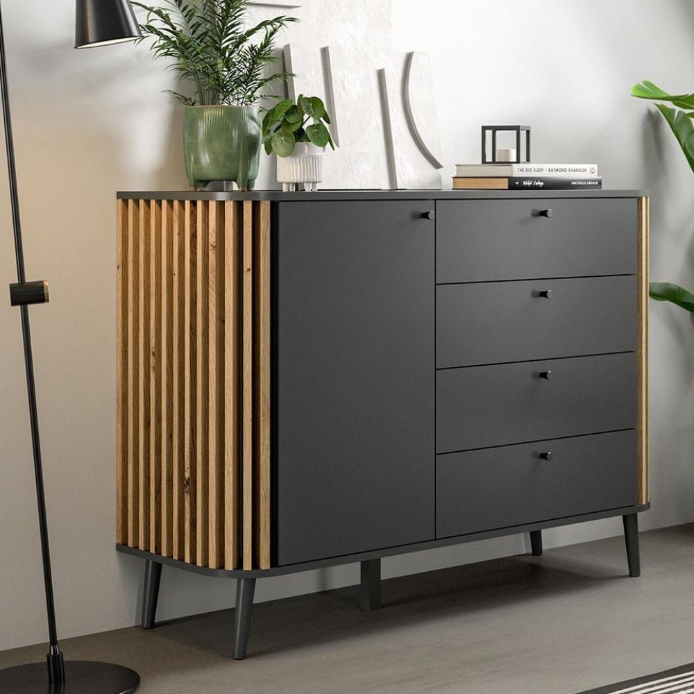 Lomadox Sideboard PONTS-158, grau Eiche Lamellen retro Schubkästen Tür 120x88x40 cm Bild 1