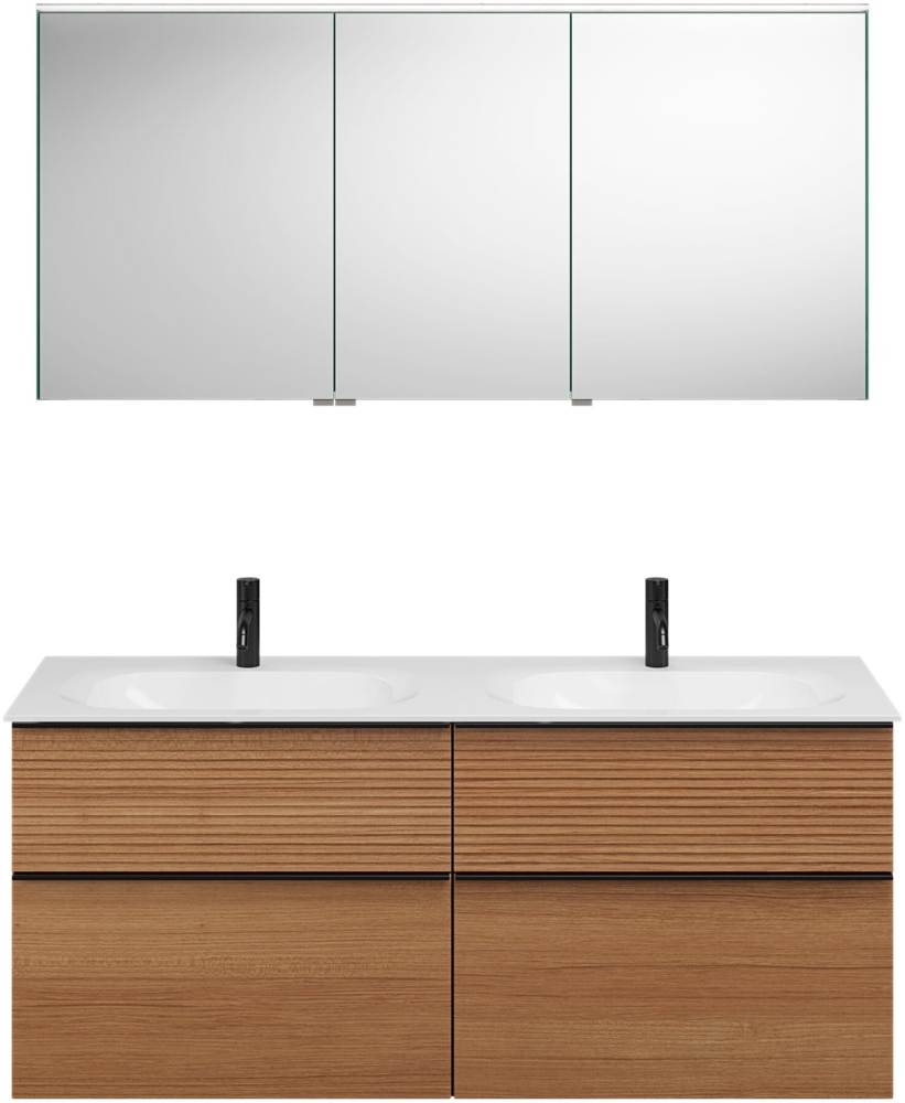 Burgbad FIUMO Waschtisch Set mit Spiegelschrank 142 cm breit, Braun, Doppelwaschbecken Gussmarmor Weiß, 4 Schubladen, Anschlag rechts Bild 1