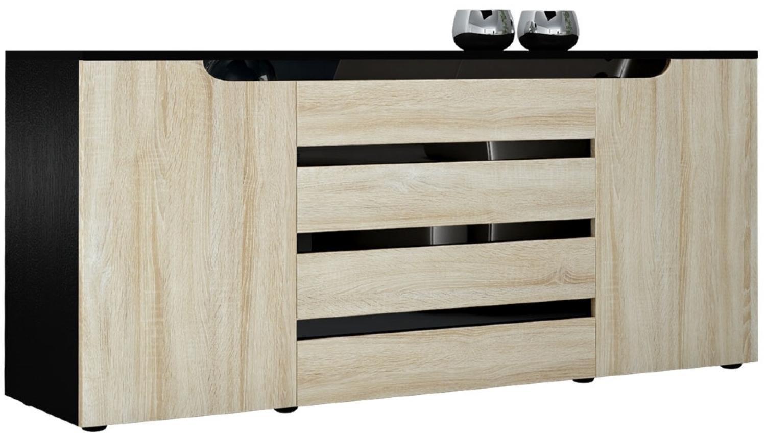 Sideboard Kommode Sylt V2, Korpus in Schwarz matt / Front in Eiche sägerau mit Absetzungen in Schwarz Hochglanz (166 x 72 x 35) Bild 1