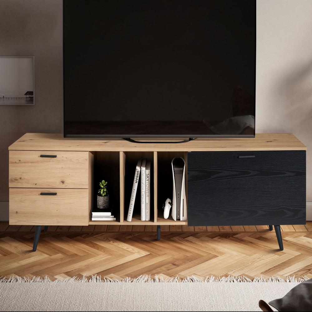 FineBuy Lowboard Eiche-Dekor 150x55x40 cm Design TV-Kommode Modern, TV-Schrank Hoch, Fernsehtisch Fernsehschrank mit Tür & Schubladen, Fernsehkommode Wohnzimmer Modern Schwarz Bild 1