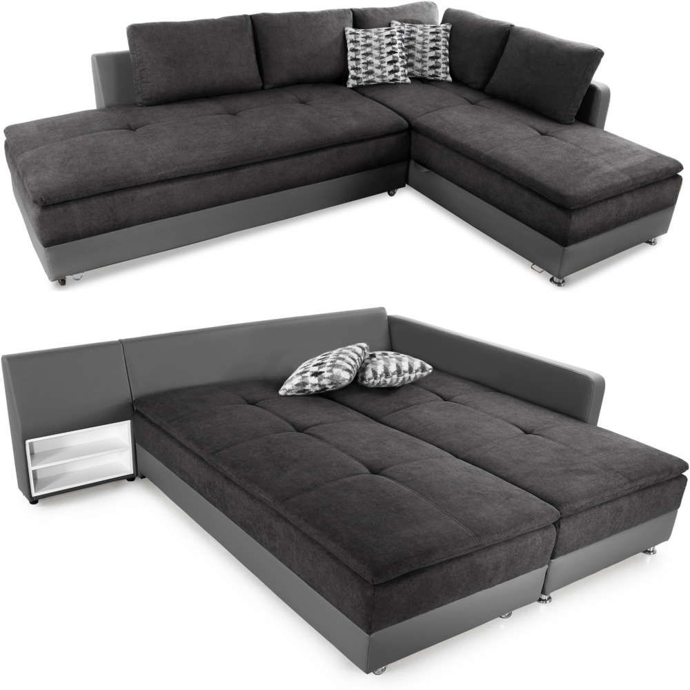 ECKSOFA-DAUERSCHLÄFER Doppelbett Boxspring Federkern Topper, Schwenkteil links B306/T223/H95 cm, Kunstleder Grau+Mikrofaser Anthrazit Bild 1