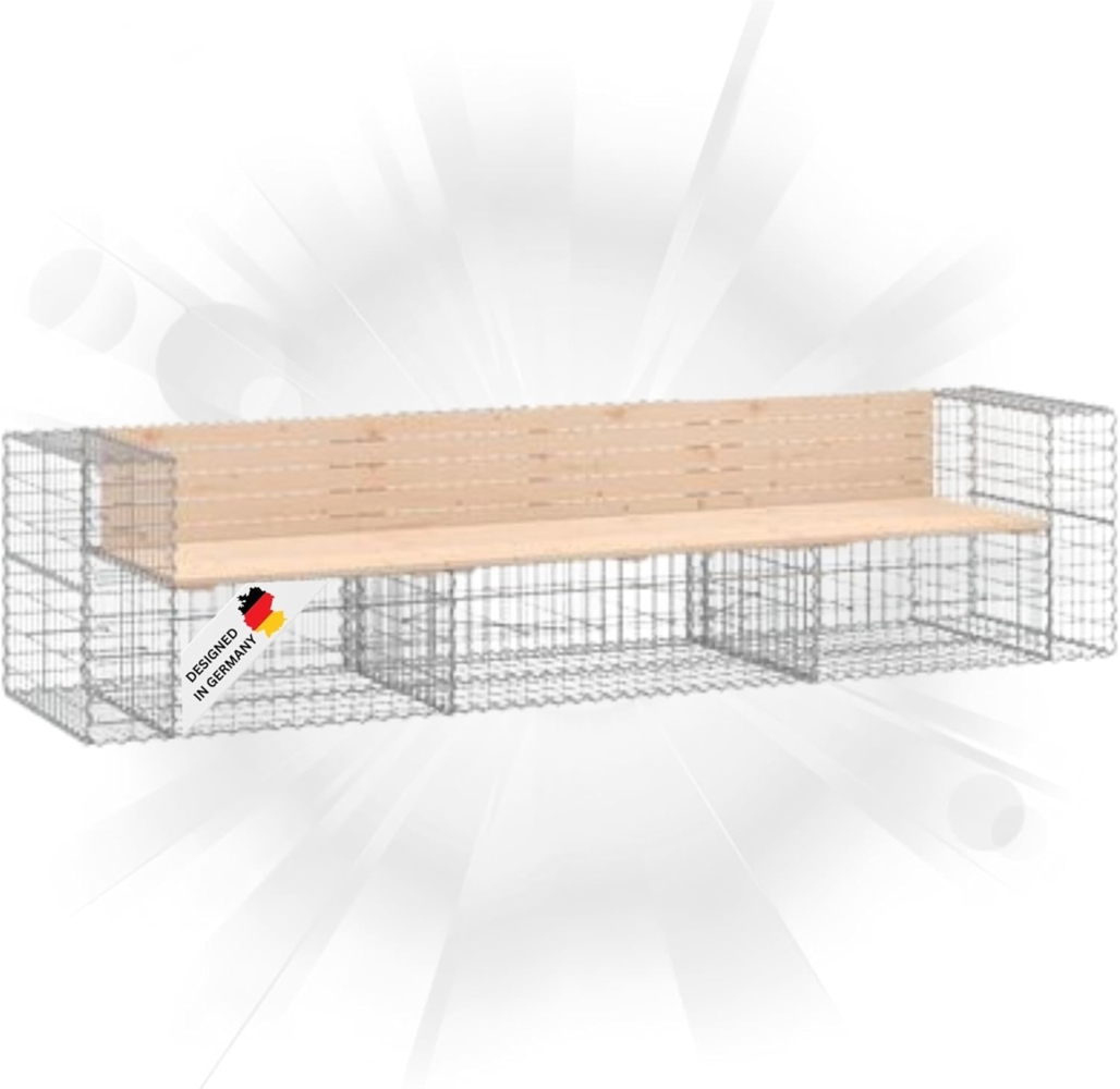 DELUKE® Gartenbank Gabionen INO aus Stahl 287x71x65,5cm Kiefernholz Natur Gabionenbank Gartenbank mit Sitzfläche aus Gabionen Steinkorb Gabionengitter Ziergabione Drahtkorb befüllbar Bild 1