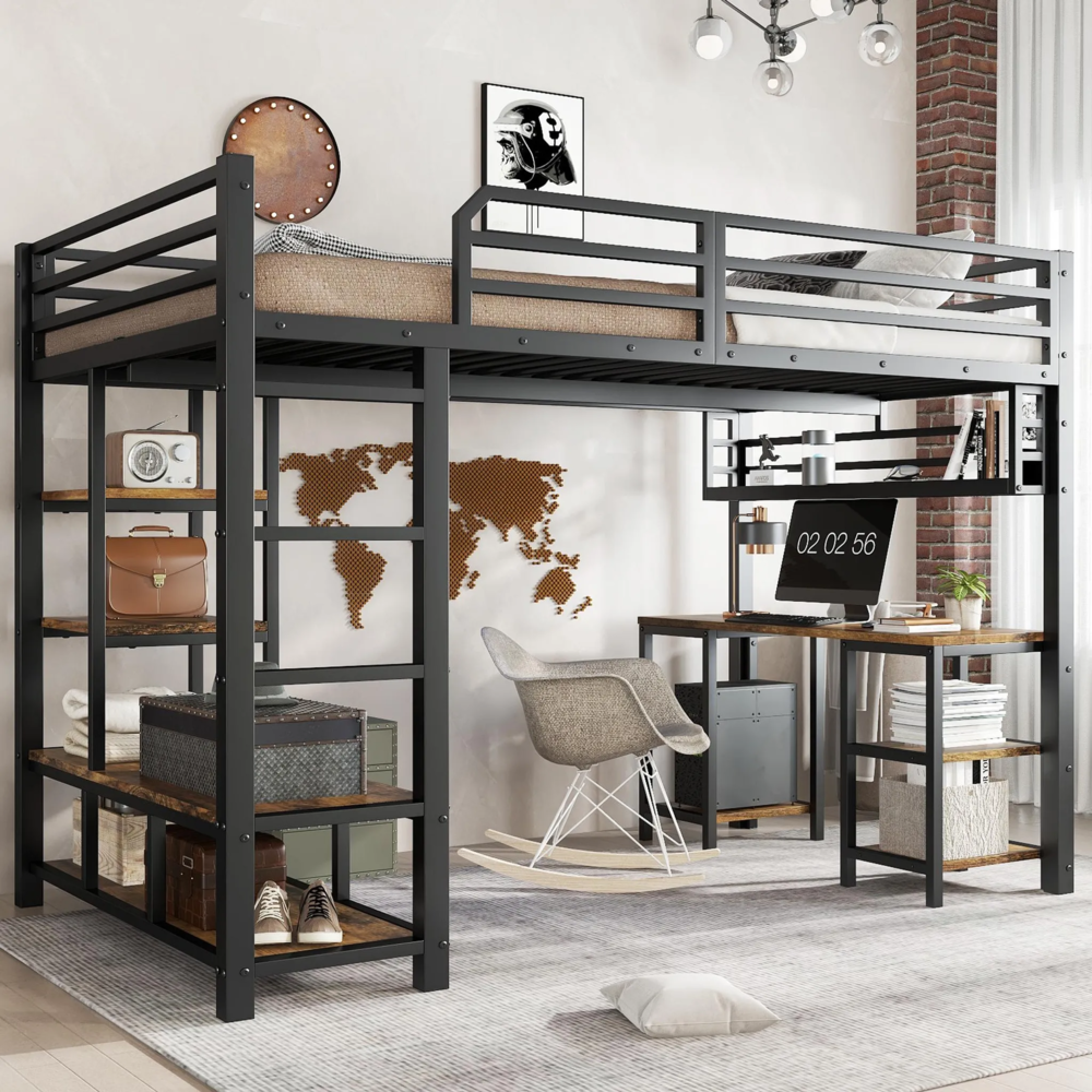 Hochbett mit Schreibtisch und Regal (120x200 cm) Kinderbett mit Rausfallschutz, Lattenrost und Leiter, Metallbett Bild 1