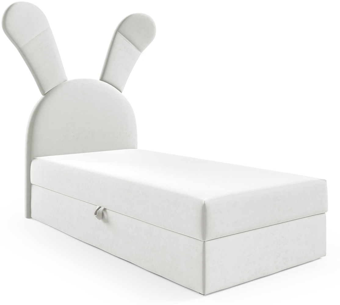 MEBLINI Kinderbett mit Bettkasten KANINCHEN 100x200 Links – H3/Weiß Samt Gepolstert Einzelbett mit Matratze - Polsterbett mit Stauraum - Bett mit Kopfteil – Stauraumbett Bild 1