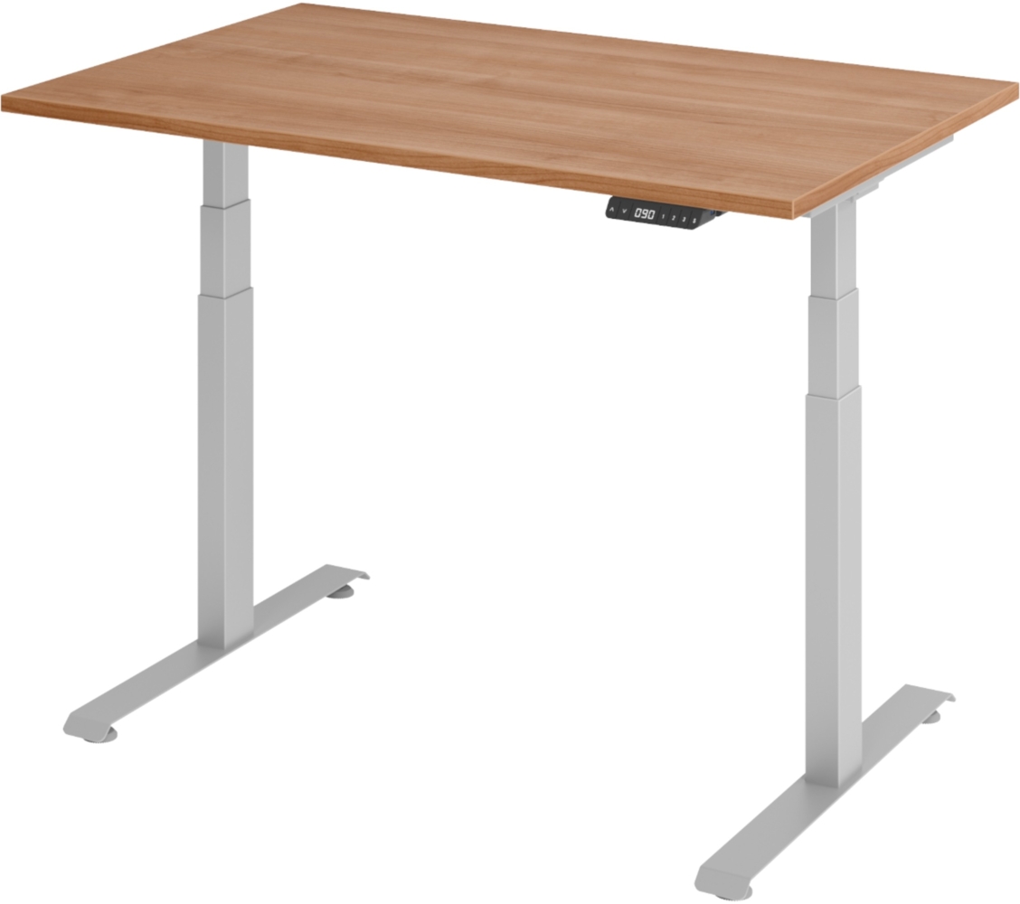 bümö höhenverstellbarer Schreibtisch 120x80 cm in Nussbaum, Gestell silber - Höhenverstellbar Elektrisch Stehpult mit 3-fach Speicher, Computertisch, Ergonomischer Steh-Sitz Tisch, Bürotisch, LXK65-12-N-S Bild 1