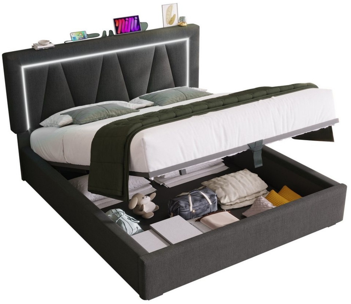 Ulife Polsterbett Doppelbett Stauraumbett Jugendbett mit Hydraulisch, USB Typ C Ladefunktion und LED-Beleuchtung Bild 1