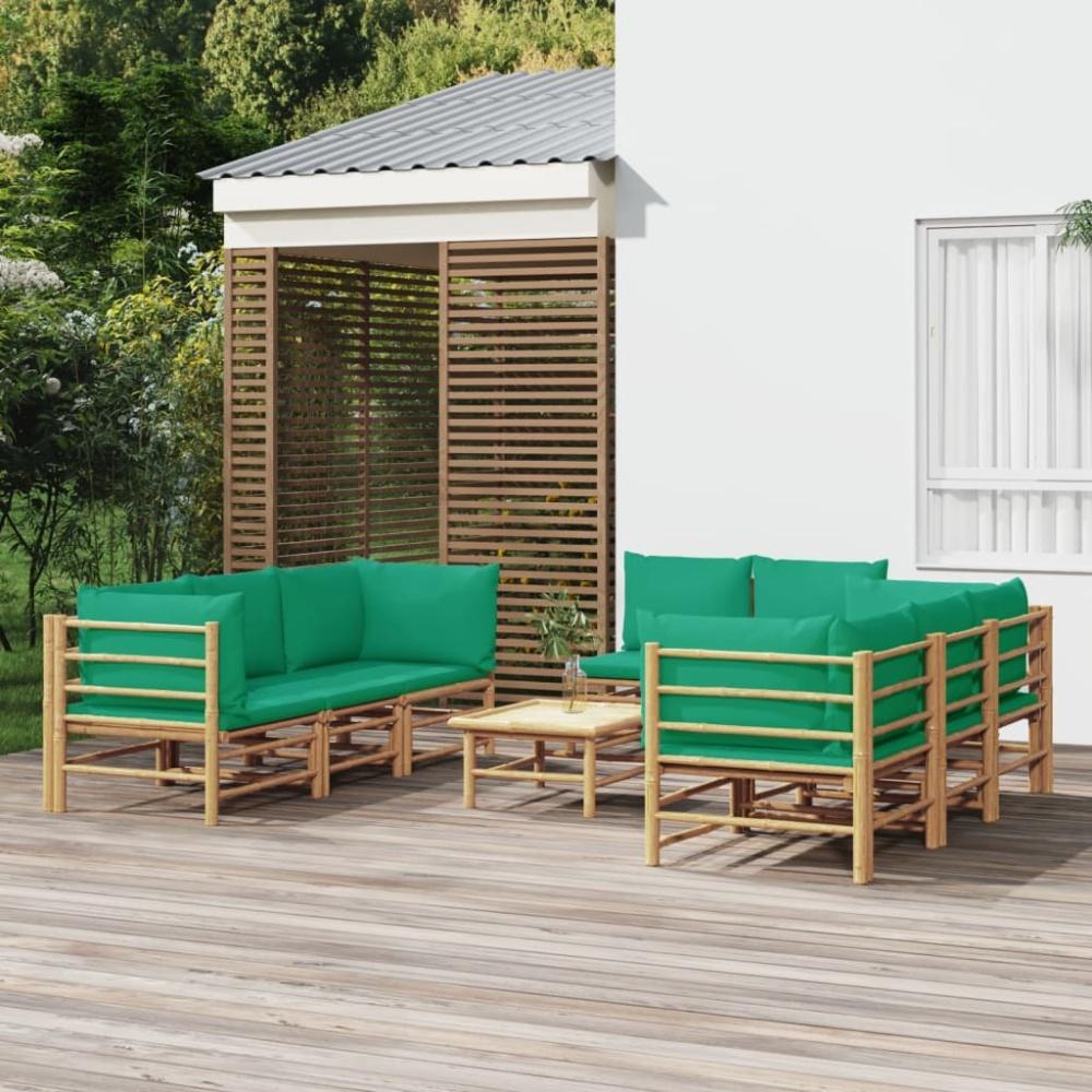 vidaXL 9-tlg. Garten-Lounge-Set mit Grünen Kissen Bambus 3155155 Bild 1