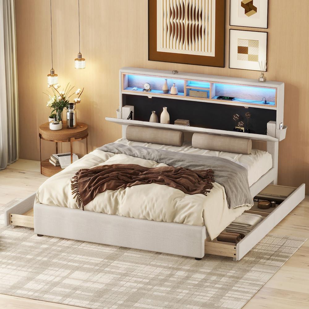 Merax Polsterbett, mit USB-Aufladung und LED-Beleuchtung, Funktionsbett mit vier Schubladen, Beige, 140 x 200 cm Bild 1