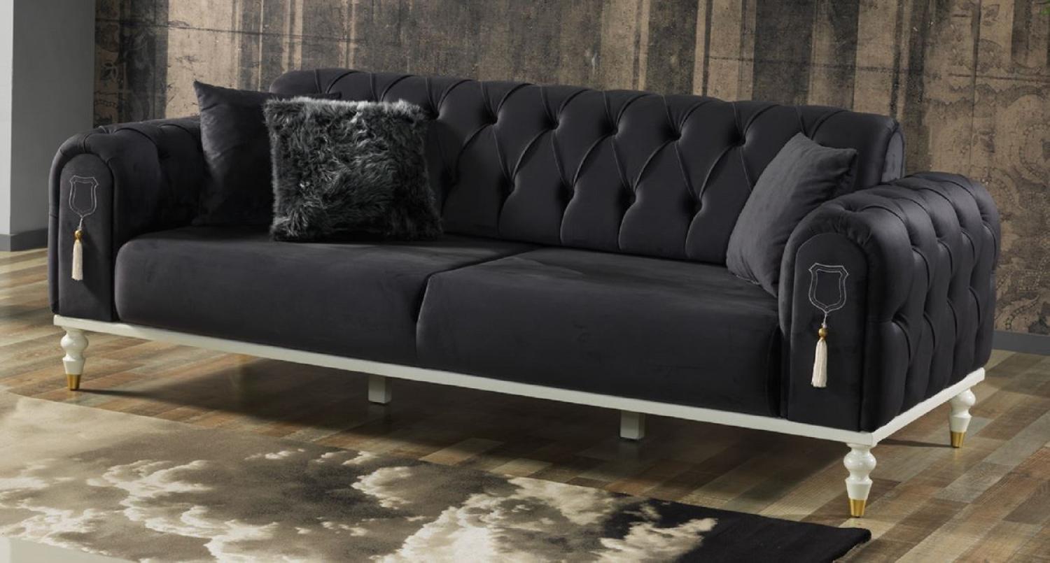 Casa Padrino Luxus Chesterfield Schlafsofa Dunkelgrau / Weiß / Gold 230 x 95 x H. 83 cm - Wohnzimmer Sofa mit 3 Kissen - Luxus Wohnzimmer Möbel Bild 1