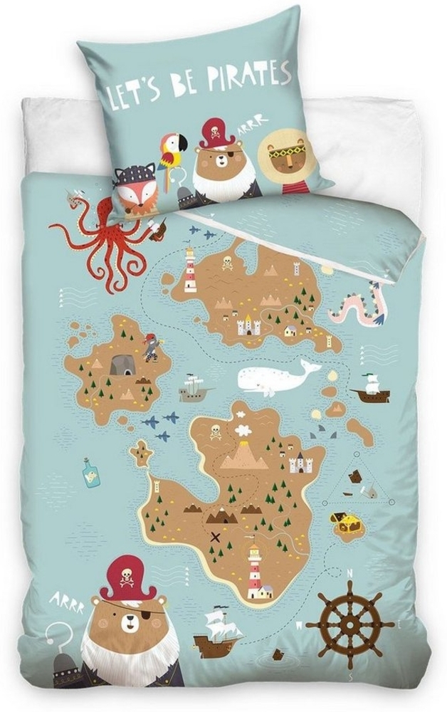 MTOnlinehandel Kinderbettwäsche Piratenbär 135x200 + 80x80 cm, 100 % Baumwolle, Renforcé, 2 teilig, " Let's Be Pirates " Bettwäsche für Mädchen und Jungen Bild 1
