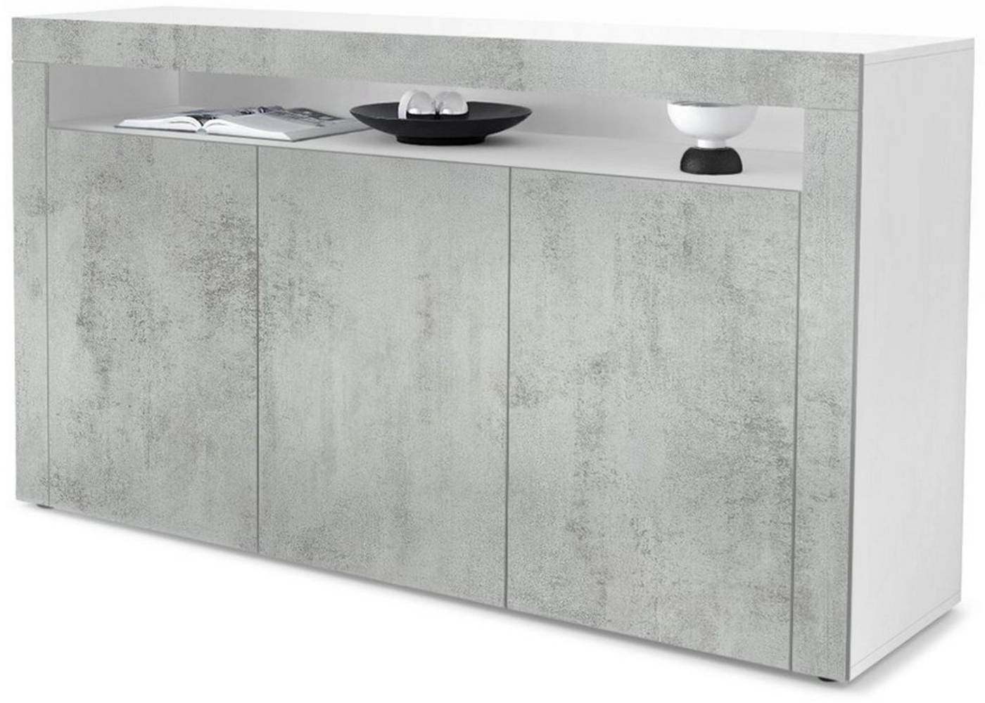 Vladon Sideboard Valencia, Kommode mit 3 Türen und 1 offenem Fach, Weiß matt/Beton Oxid Optik/Beton Oxid Optik (155 x 92 x 40 cm) Bild 1