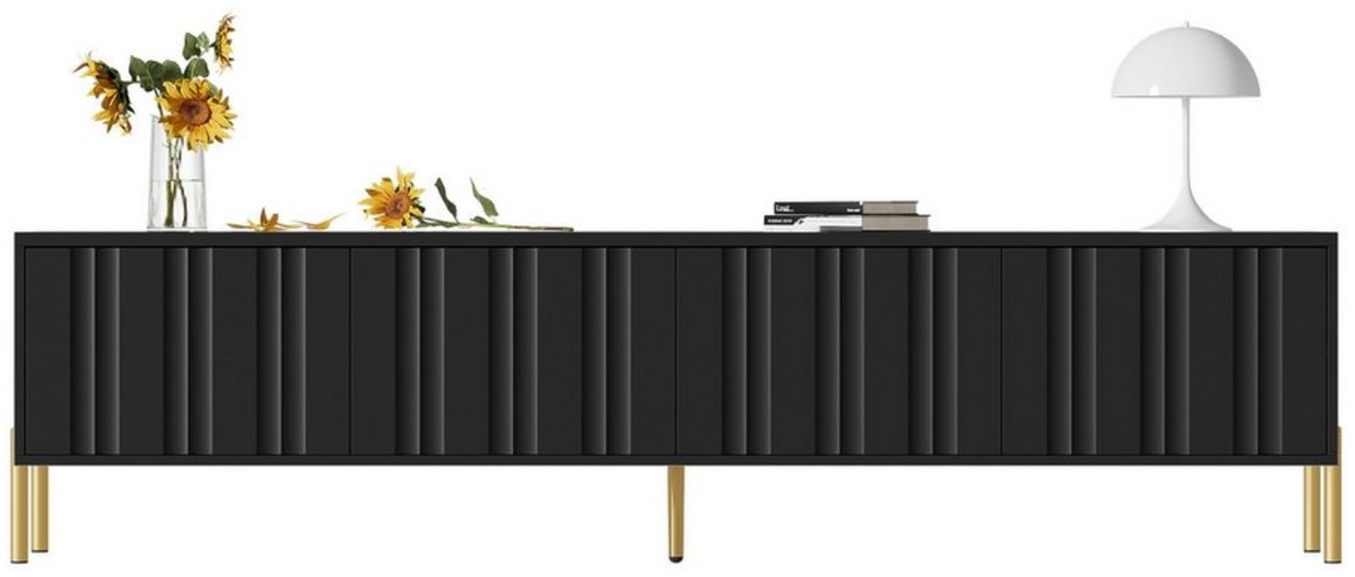 HAUSS SPLOE Lowboard 190x38x48 cm mit 4 gerillten Türen und goldene Tischbeine Schwarz (TV-Board, Fernsehtisch mit Metallfüße, 1 St, 4 Türen), mit Gedämpfte Scharniere, Großer Stauraum Bild 1