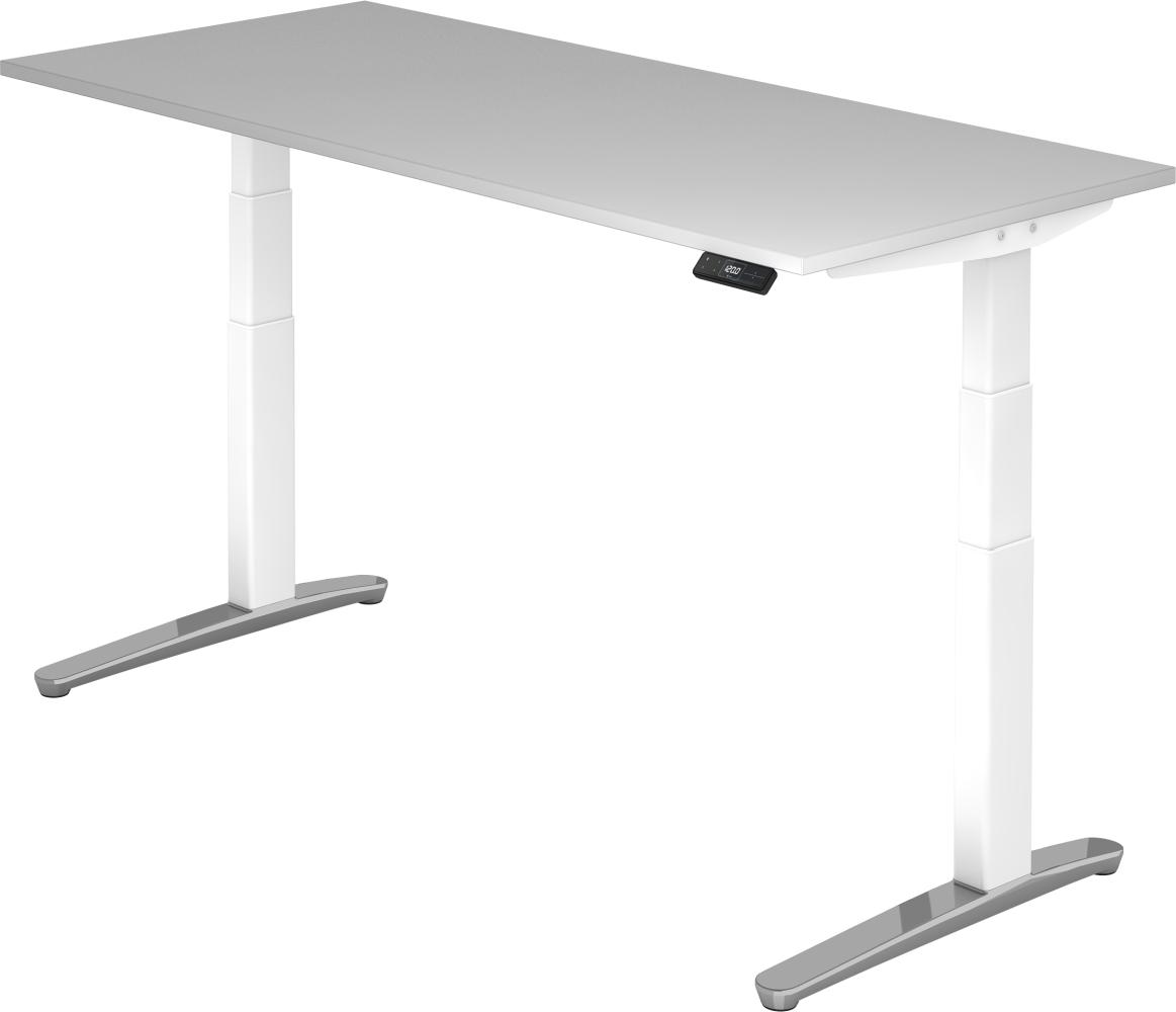 bümö® Sitz- & Stehschreibtisch Serie-XBHM elektrisch höhenverstellbar mit Memoryfunktion, Tischplatte 180 x 80 cm in Grau Gestell in weiß / aluminium poliert Bild 1