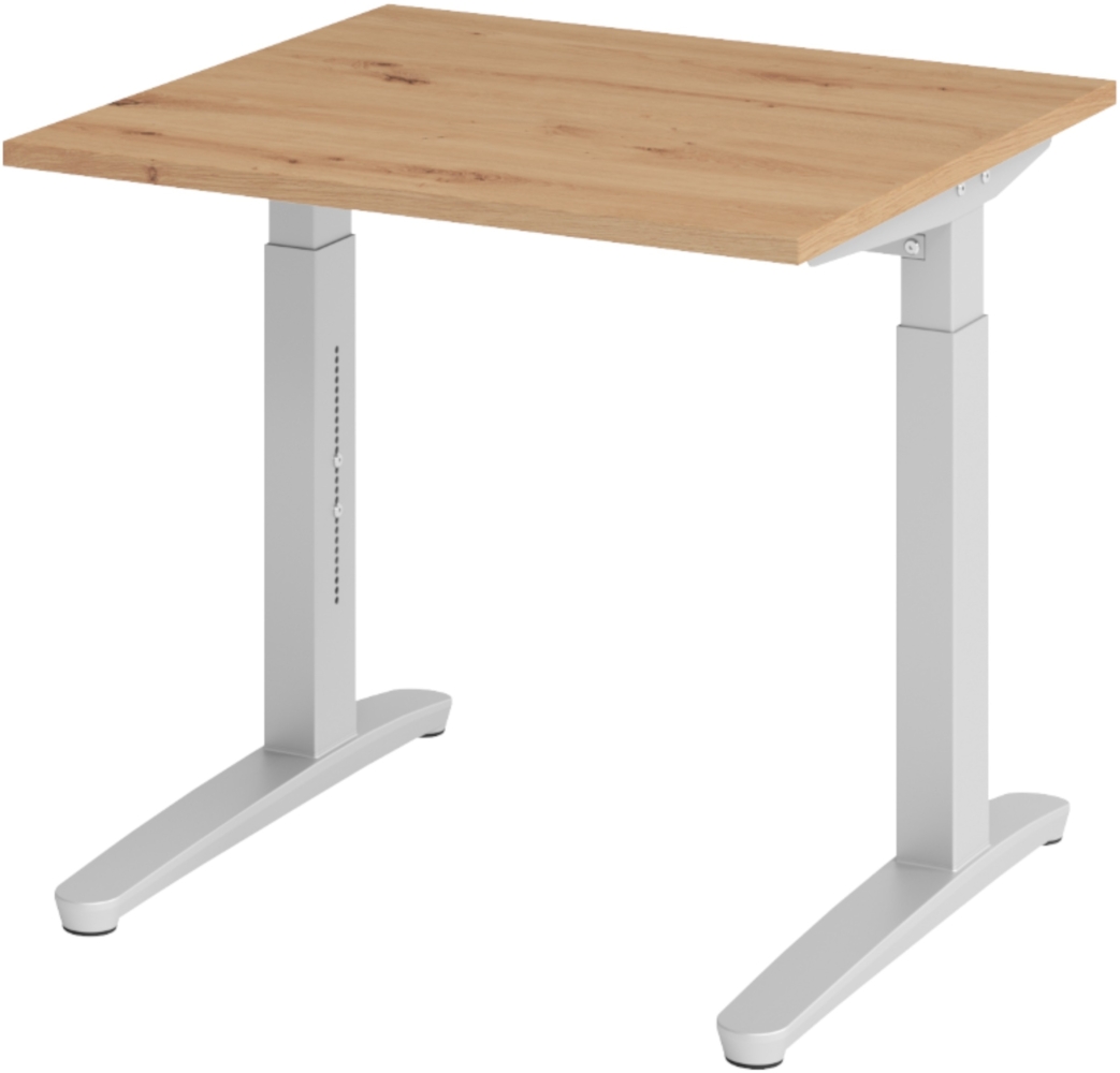 bümö manuell höhenverstellbarer Schreibtisch 80x80 in Asteiche, Gestell in silber - PC Tisch höhenverstellbar & klein, höhenverstellbarer Tisch Büro, kleiner Computertisch verstellbar, X08-R-SS Bild 1