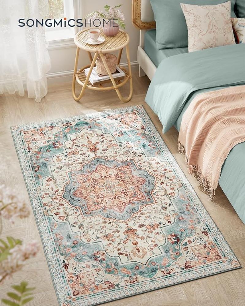 SONGMICS HOME Teppich, 92 x 153 cm, Wohnzimmerteppich, Rutschfester Teppich, traditioneller Vintage-Stil, für Wohnzimmer, Küche, Flur, Esszimmer, maschinenwaschbar, aquamarinblau Bild 1