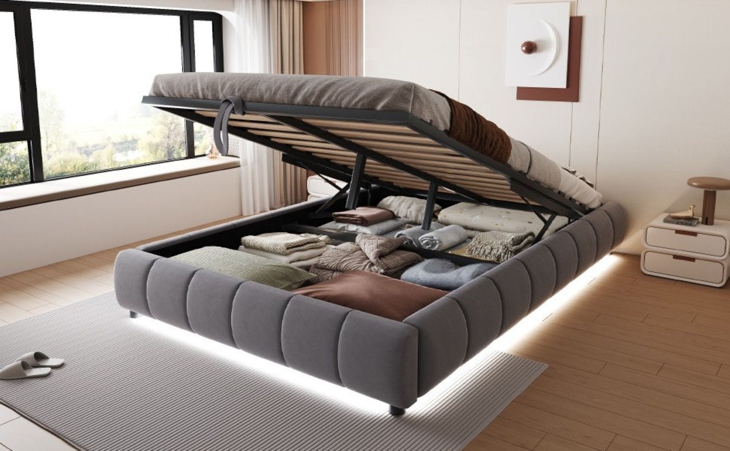 Furnishings Home Polsterbett Futonbett Stauraumbett Doppelbett (1-tlg, Hydraulisch anhebbarer Bettstauraum), Multifunktionsbett, Mit LED-Beleuchtung, Lattenrost, Samt, 180x200 cm Bild 1