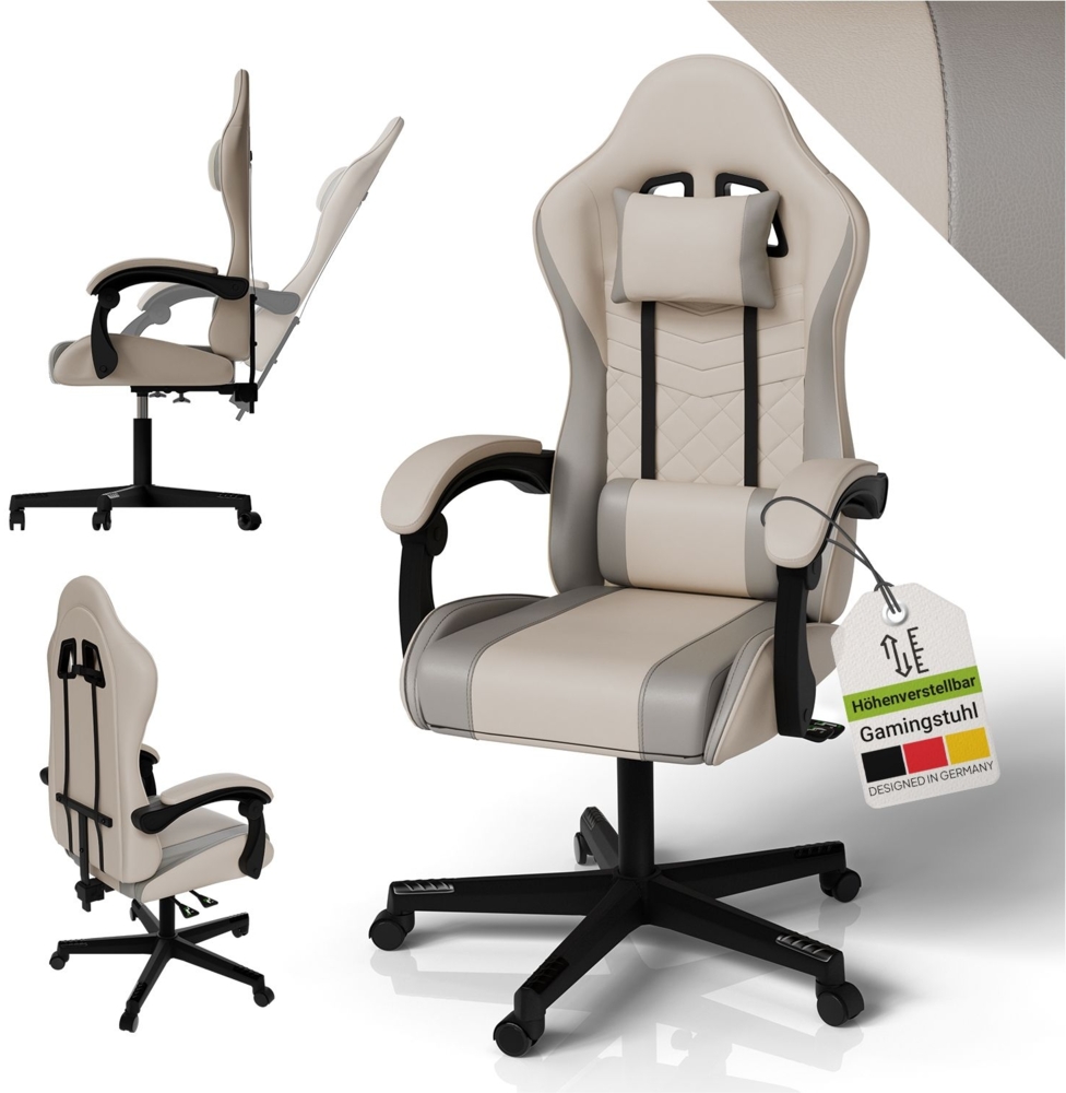 Juskys Gamingstuhl HyperSeat, verstellbare Rückenlehne, höhenverstellbarer Drehstuhl, Kunstleder, ergonomisch, für Büro & Gaming Setup – Beige/hellgrau Bild 1